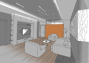 Заказать Блиц-дизайн-проект интерьеров онлайн для людей строящих свой дом, квартиру в г. Ковель . Гостиная 30,2 м2. Вид 1